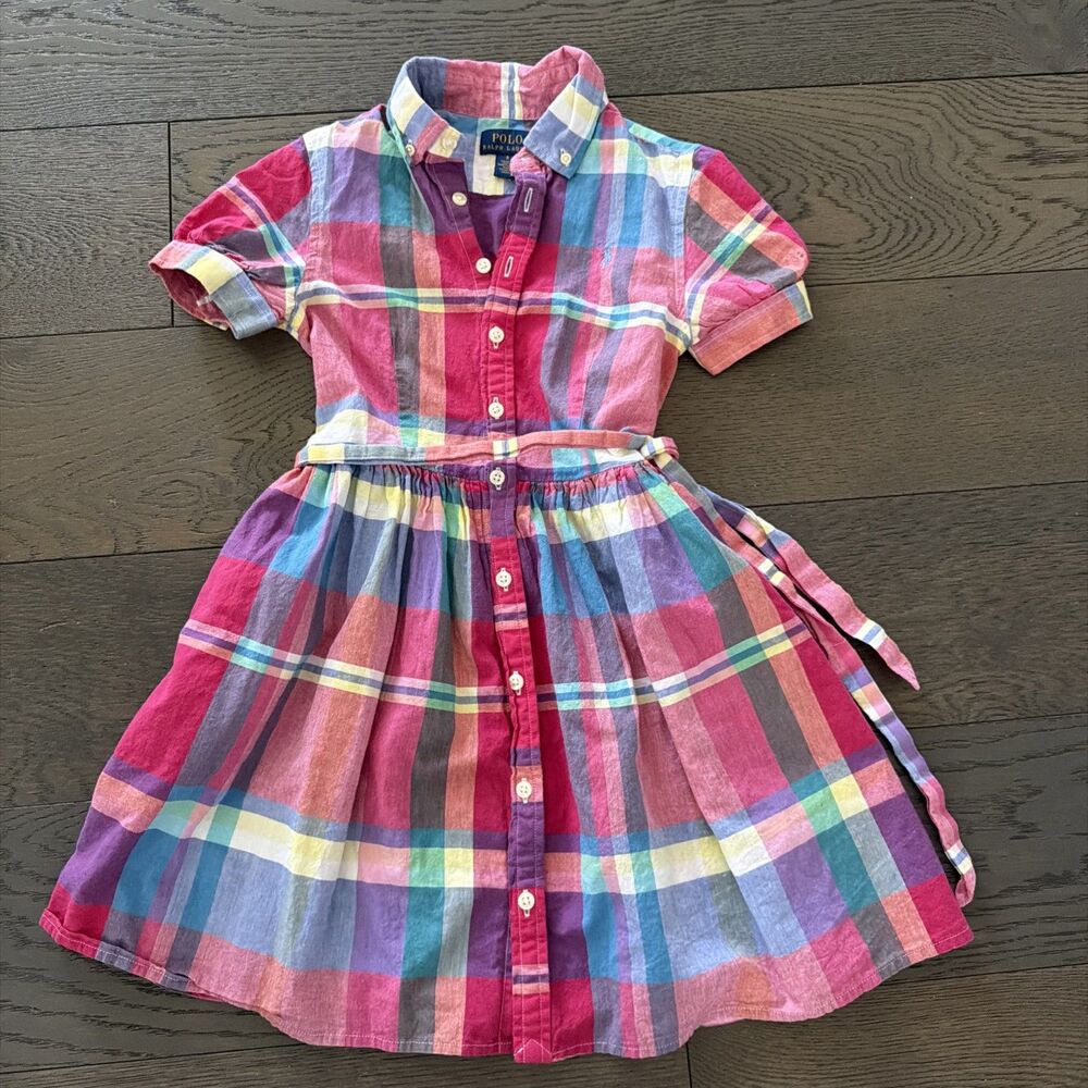Polo Ralph Lauren Girls Plaid Short Sleeve Button Down Dress Youth Size 8
